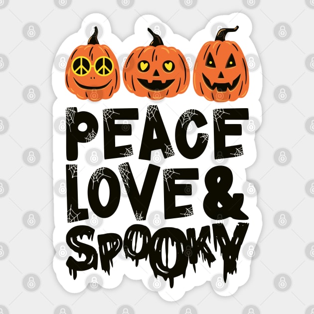 Peace Love & Spooky Hippie Halloween Pumpkins Jack O Lantern Sticker by August Design